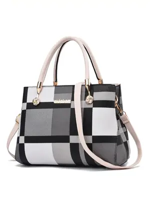 Elegant Plaid Pattern Charm Decor Satchel, Fashion Plaid Pattern Handbag As Gift, Casual Versatile Pu Leather Zipper Bag for ...