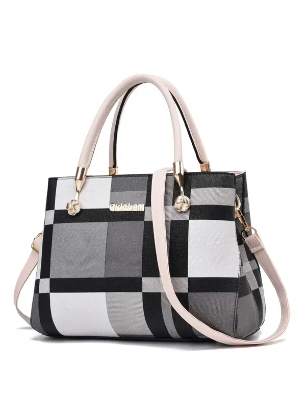 Elegant Plaid Pattern Charm Decor Satchel, Fashion Plaid Pattern Handbag As Gift, Casual Versatile Pu Leather Zipper Bag for ...