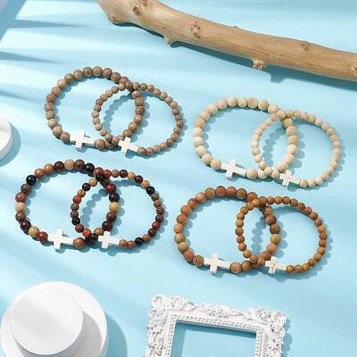 8Pcs Wood Beads Stretch Bracelets for Couple