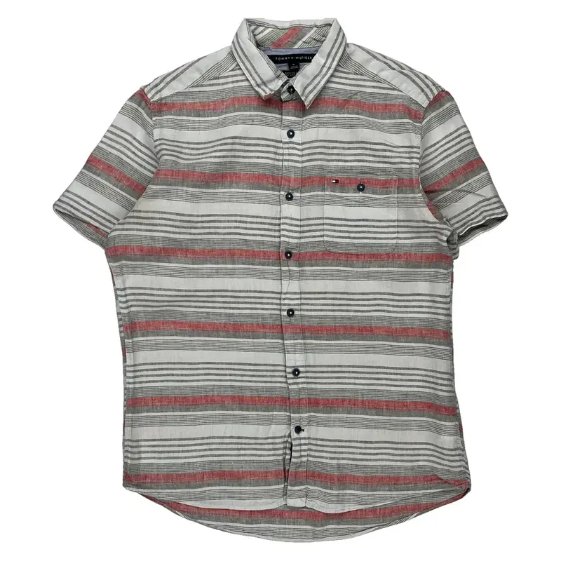 Tommy Hilfiger Striped Short Sleeve Shirt - Medium Multicoloured Linen