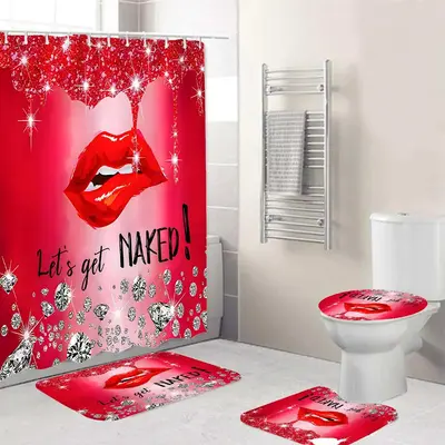 Creative Lip Pattern Shower Curtain/ Shower Curtain & Toilet Lid Cover & Bath Rug & U Shaped Toilet Mat Set, Bathroom Decorat...