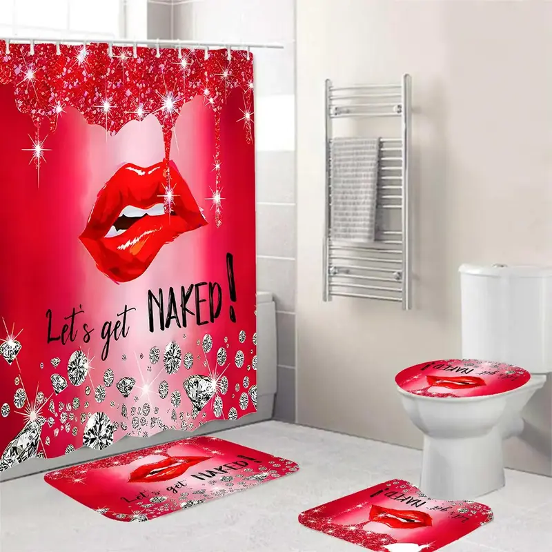Creative Lip Pattern Shower Curtain/ Shower Curtain & Toilet Lid Cover & Bath Rug & U Shaped Toilet Mat Set, Bathroom Decorat...