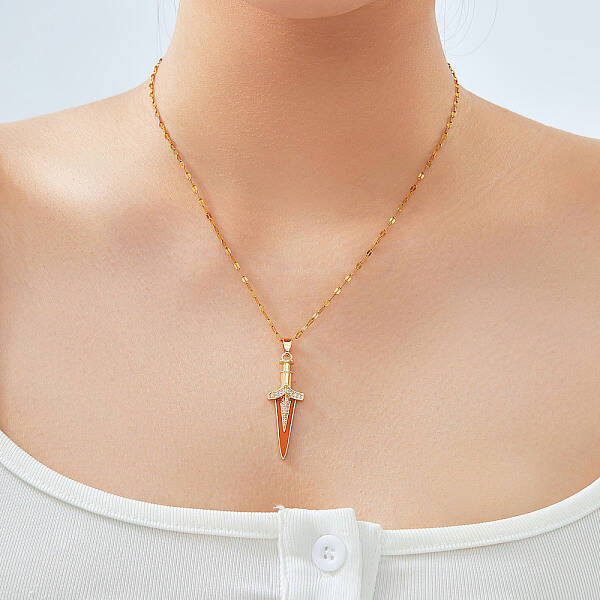 Brass Clear Cubic Zirconia Sword Pendant Necklaces