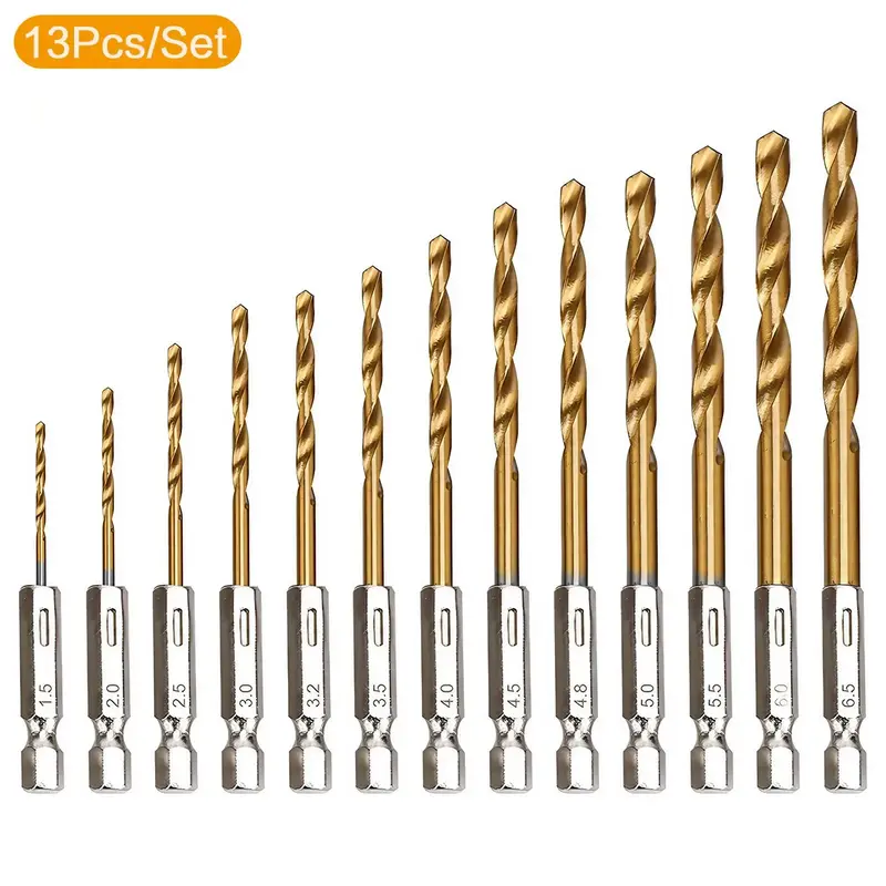 Titanium Coated Twist Drill Bit Set, Hex Shank High Speed Steel Drill Bits 1.5mm-6.5mm Spiral Saw Drill Bit, Quick Change W...