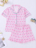 Girl's Cartoon Monkey Print Top & Shorts Pyjama Two-Piece Set, Cute Comfy Short Sleeve Top & Shorts PJ Set, Kids Sleepwear f...