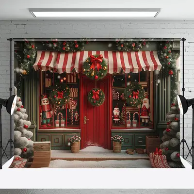 Red Door Green Store Bell Greenery Christmas Backdrop