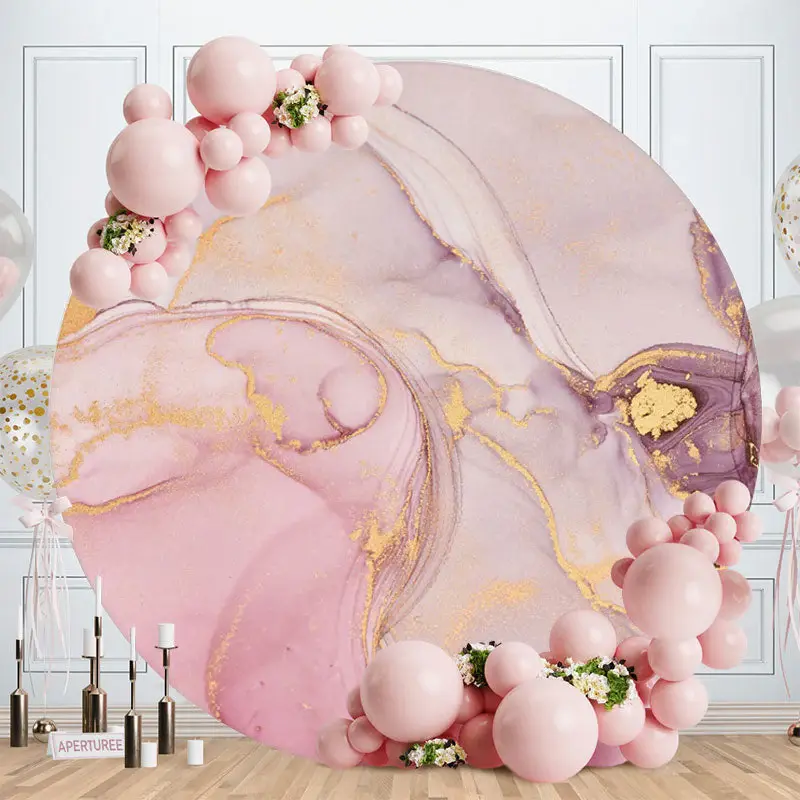 Aperturee Purple Marble Pattern Round Happy Birthday Backdrop