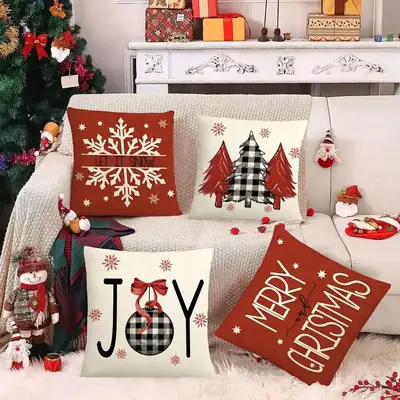 Christmas Themed Cushion Cover, 4 Counts/set Merry Christmas Letter & Snowflake & Tree Pattern Cushion Cover without Filler, ...
