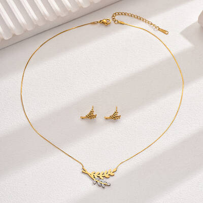 18K Gold Plated Stainless Steel Leaf Pendant & Stud Earrings