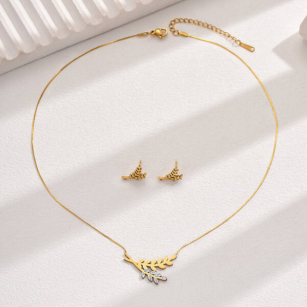 18K Gold Plated Stainless Steel Leaf Pendant & Stud Earrings