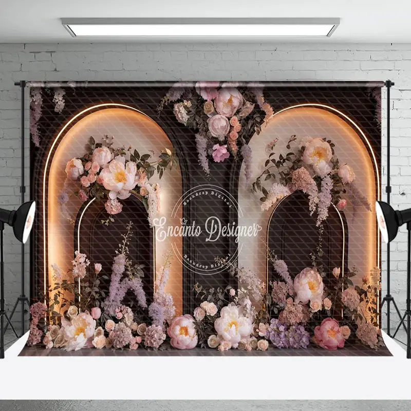 Aperturee Black Lighted Arch Wall Floral Wedding Photo Backdrop | Custom Rustic Wedding Backdrop | Wedding Stage Backdrop | W...