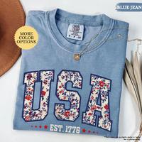 Comfort Colors Floral USA Shirt, American Girl Shirt, USA Est 1776 Shirt, Girly 4th of July Shirt, Patriotic Women Shirt, Flo...