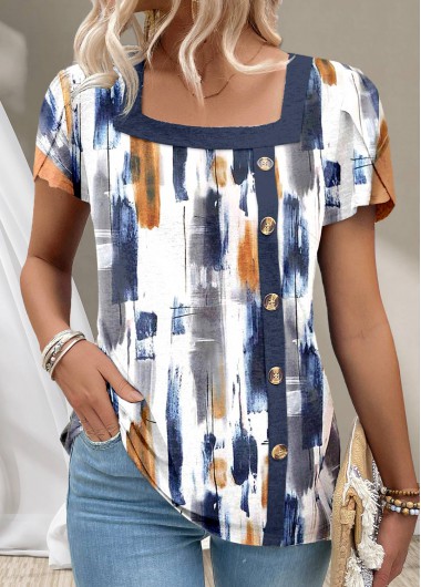 Modlily Navy Button Graffiti Print Short Sleeve T Shirt - XXL