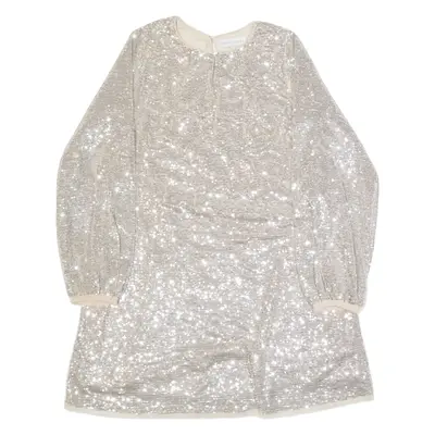 MINT VELVET Sequins Girls Day Dress Silver Long Sleeve Knee Length 12Y