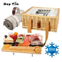 Hap Tim Wicker Picnic Basket for 2/4 Person with Mini Folding Wine Picnic Table & Large Insulated Cooler Bag & Cutlery Servic...