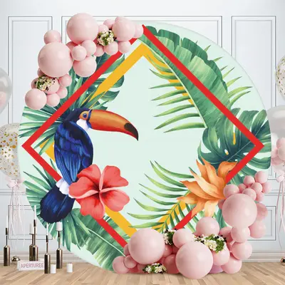 Aperturee Green Leaves And Bird Round Birthday Backdrop