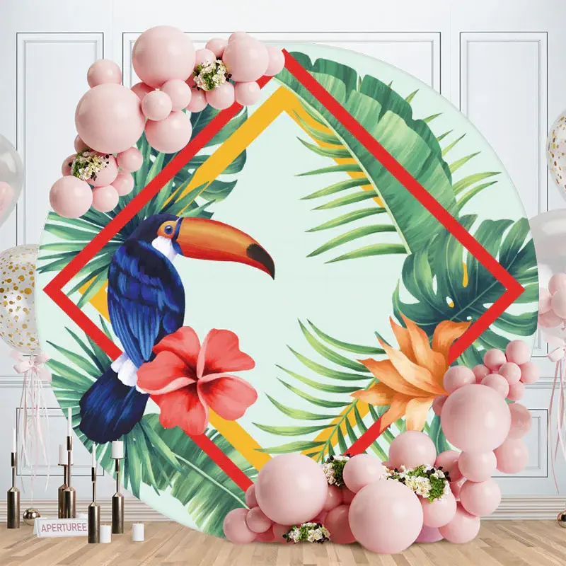 Aperturee Green Leaves And Bird Round Birthday Backdrop