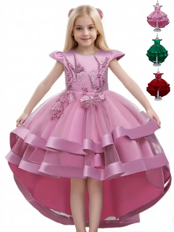 Girl's Floral Embroidery A Line Dress, Elegant Long Sleeve Dress for Party Wedding Guest, Kids Clothes for All Seasons