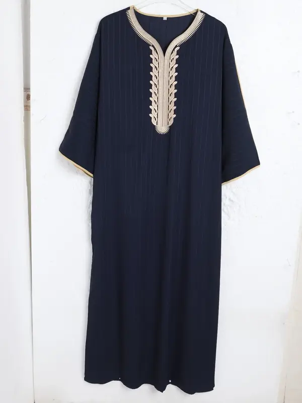 Men's Loose Embroidery V Neck Kaftan, Casual Contrast Binding 3/4 Sleeve Arabic Clothing, Fashion Men's Islamic Clothing for ...