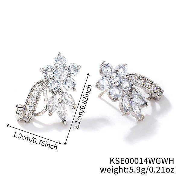 Elegant Brass Rhinestone Leaf Stud Earrings
