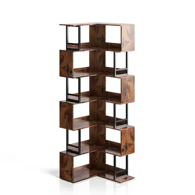 Decofy Large 7-Tier Corner Bookshelf - 71” Industrial Wood & Metal Bookcase for Living Room and Office