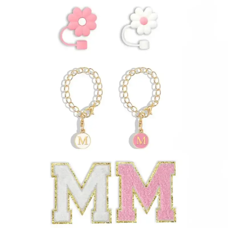 2 Counts Straw Cover, 2 Counts Name ID Letter Handle Charm, and 2 Counts Self-adhesive Chenille Letter, Summer Essentials (wi...