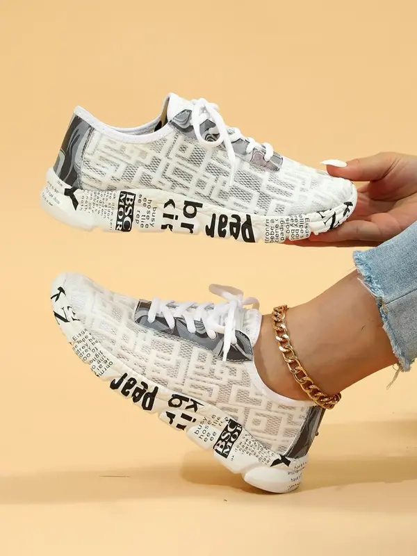 Women's Patchwork Print Low Top Round Toe Sneakers, Minimalist Casual All Over Print Lace Up Running Shoes, Lightweight Breat...