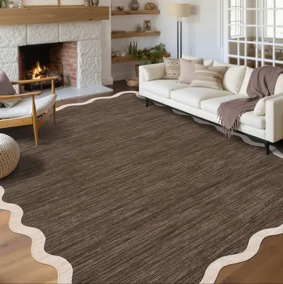Garvee Scalloped Washable Area Rugs 9'x12' Brown Rug for Living Room Bedroom Dining Room Non-Slip Low Pile Stain Resistant Ca...
