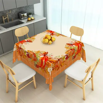Autumn Leaves Pumpkin Yellow Plaid Square Tablecloth - Aperturee