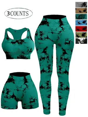 Women's 3pcs Tie Dye Print Ruched Sports Bra & High Waist Leggings & Skinny Shorts Tracksuit Set, Sleeveless Straps Top & Hig...