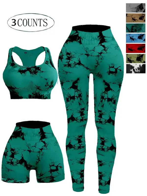 Women's 3pcs Tie Dye Print Ruched Sports Bra & High Waist Leggings & Skinny Shorts Tracksuit Set, Sleeveless Straps Top & Hig...