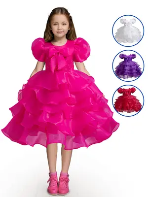 Girl's Contrast Sequin Big Bow Decor Tiered Layer Fit and Flare Party Dress, Cute Puff Sleeve Round Neck Party Gown, Kids Clo...