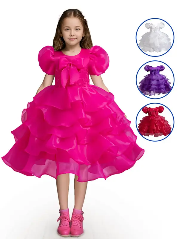 Girl's Contrast Sequin Big Bow Decor Tiered Layer Fit and Flare Party Dress, Cute Puff Sleeve Round Neck Party Gown, Kids Clo...