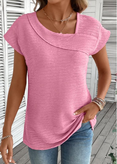 Modlily Pink Jacquard Short Sleeve Asymmetrical Neck T Shirt - L