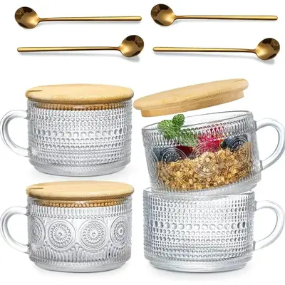 4 Count Set Vintage Coffee Mugs, Overnight Oats Containers with Bamboo Lids and Spoons - 14oz Clear Embossed Glass Cups, Cute...