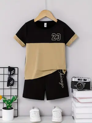 Two-Piece Set Boy's Letter & Number Print Set, Casual Comfy Short Sleeve T-shirt & Elastic Waist Shorts, Summer Clothes for K...
