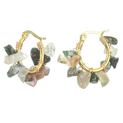 Natural Moss Agate Chips Braided Hoop Earrings