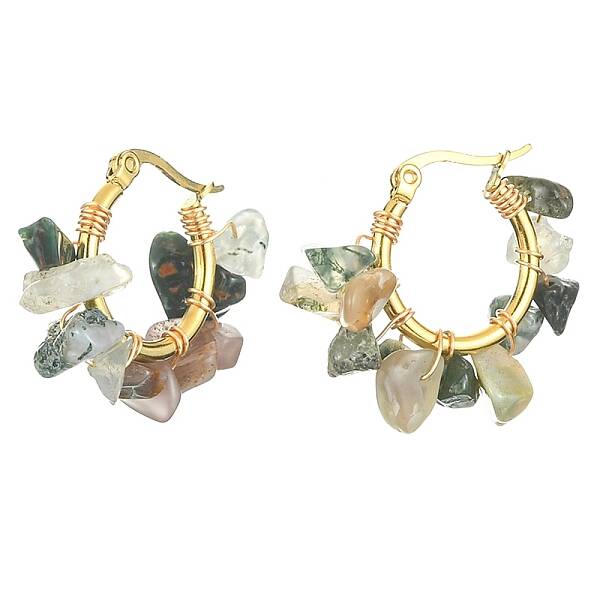Natural Moss Agate Chips Braided Hoop Earrings