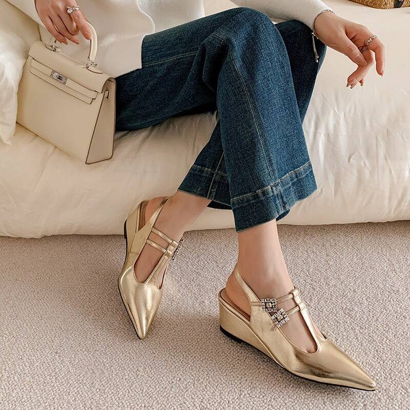 CHIKO Donardo Pointy Toe Wedge T-Strap Shoes