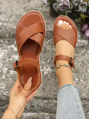 Women's Fashionable Plain Color Criss Cross Strap Flat Sandals, Casual Open Toe Sandals for Summer, All-match Commuter Shoes ...