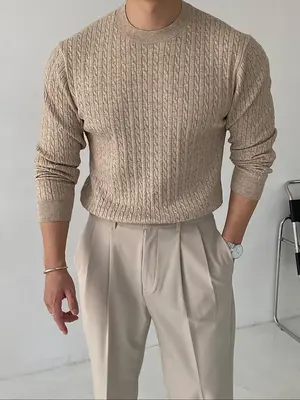Men's Solid Textured Round Neck Knit Top, Regular Fit Casual Long Sleeve Crew Neck Cable Knit Jumper for Fall & Winter, Fashi...