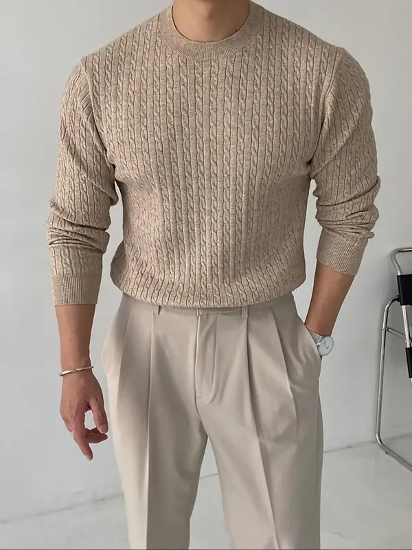 Men's Solid Textured Round Neck Knit Top, Regular Fit Casual Long Sleeve Crew Neck Cable Knit Jumper for Fall & Winter, Fashi...