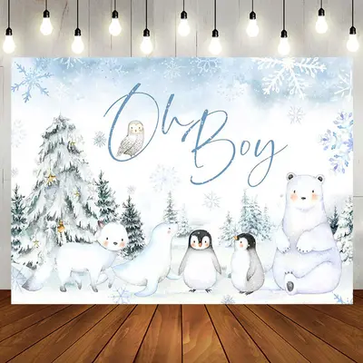 Aperturee Snow Forest Safari Animal Oh Boy Baby Shower Backdrop - Aperturee