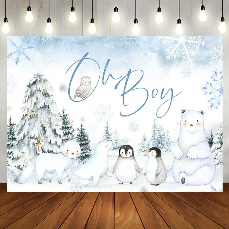 Aperturee Snow Forest Safari Animal Oh Boy Baby Shower Backdrop - Aperturee