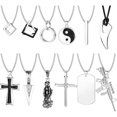 FLORIDECO 12Pcs Stainless Steel Pendant Necklace for Men Cool Goth Necklace Funky Gothic Cross Dog Tag Yin Yang Triangle Pend...