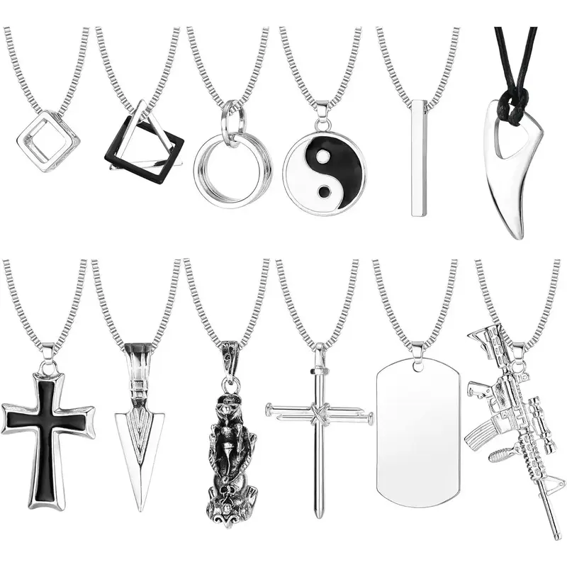 FLORIDECO 12Pcs Stainless Steel Pendant Necklace for Men Cool Goth Necklace Funky Gothic Cross Dog Tag Yin Yang Triangle Pend...