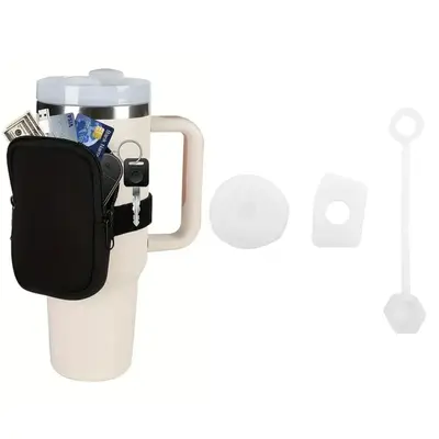 Adjustable Water Cup Pouch With Zipper, Portable Water Bottle Coin Purse With Fixed Elastic Band, Oval Cup Bag For Storing Ca...