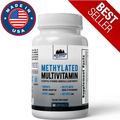 Wild Warrior Nutrition Methylated Multivitamin for Adults - 60 Capsules, Without Iron, CoQ10, Active B12, L-Methylfolate, Ess...