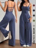 Women's Solid Color Backless Jumpsuit, 1 Count Casual Comfy Wide Leg Sleeveless Jumpsuit for Summer, Women's Jumpsuit for Dai...
