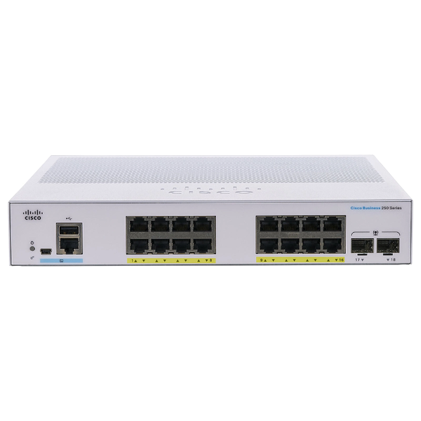 Cisco CBS250-16P-2G-NA | Business 250 Series 16 x RJ-45 Ports PoE+ 1000Base-T 2 x SFP Ports  Layer 3 Managed 1U Rack-mountabl...